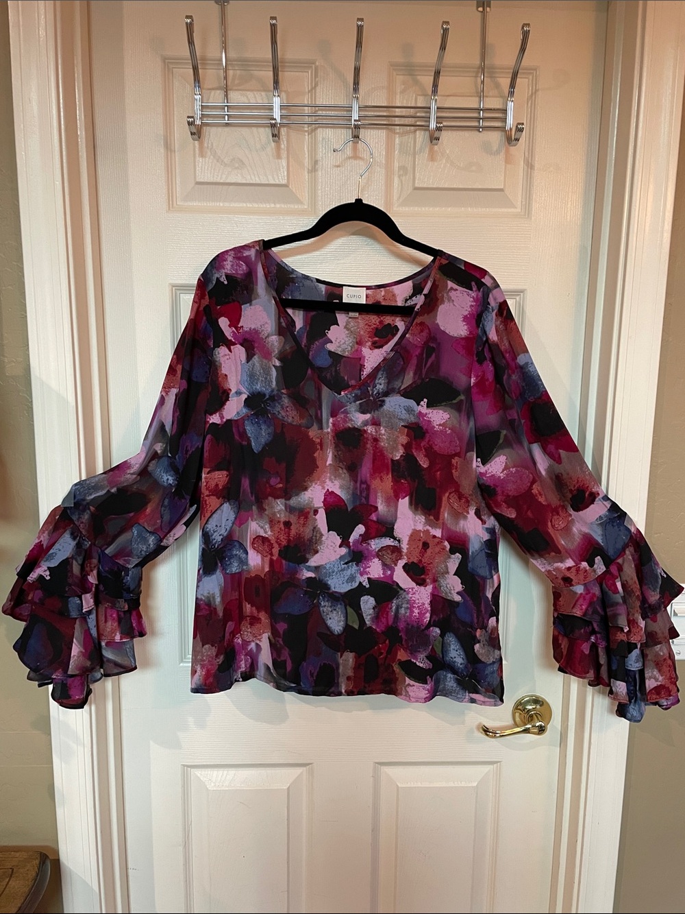 Cupio Purple Multi Floral Ruffle-Sleeve Blouse